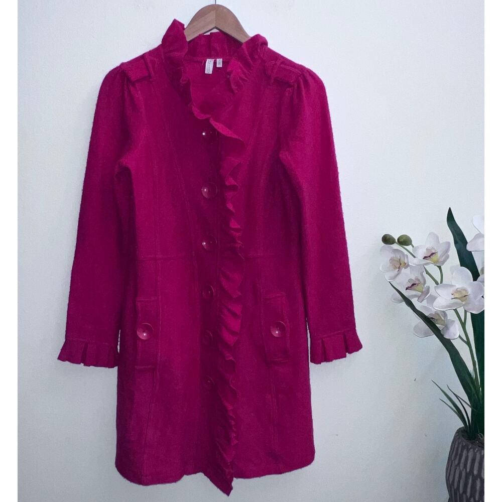 Madison 100% Wool Red Ruffled Jacket‎ Trench Coat Women's Size Small